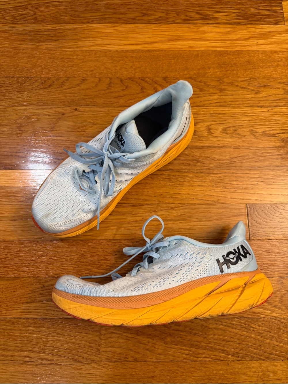 Hoka Clifton 8 Women's Running Shoes in Light Blue and Orange - Size 10B